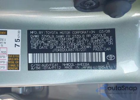 2008 Toyota Prius из США, поврежденный, VIN JTDKB20UX87767231